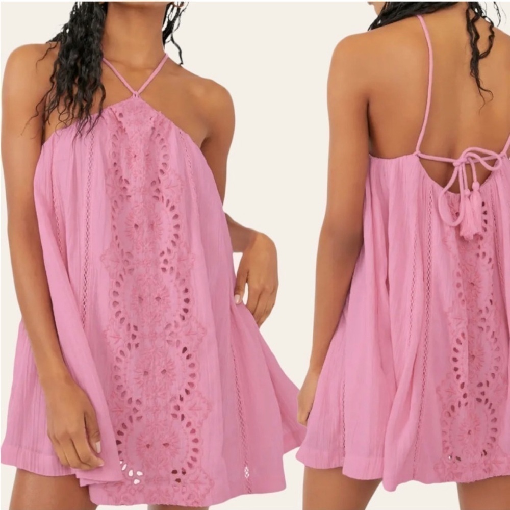 Free People Paloma Pink Eyelet Halter-Style Sleeveless Mini Dress - Picture 3 of 3